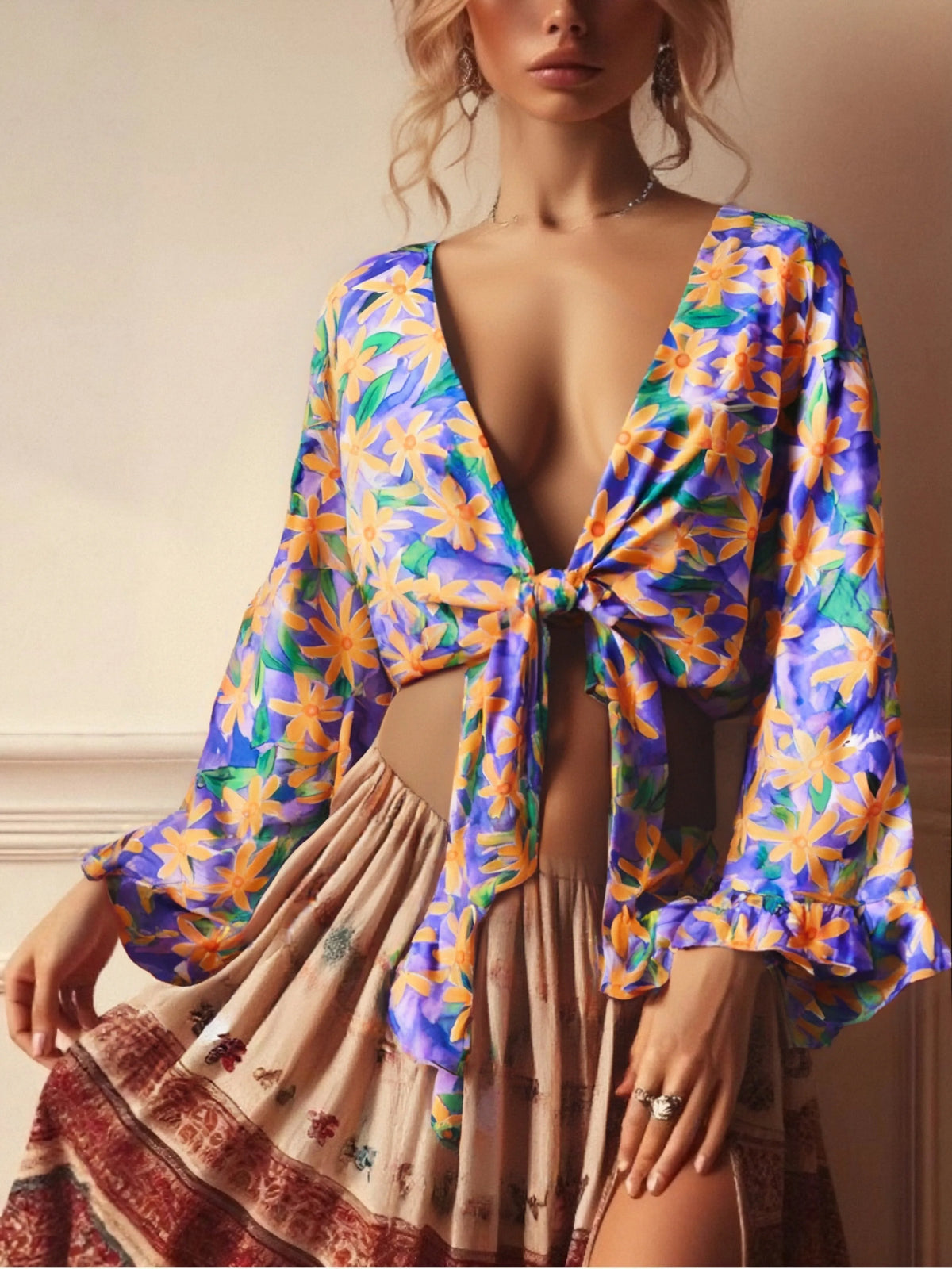 Boho Queens Sun Flower Beach Summer Short Kimono Women 2025 Ruffles Flare Sleeves Vacation Bohemian Bikini Cover-ups - Matrix Studios