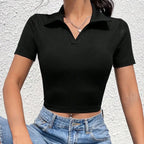 polo neck V short sleeve T-shirt women's summer shoulder high waist Spice Girl T-shirt slimming short crop top - Matrix-studios.com