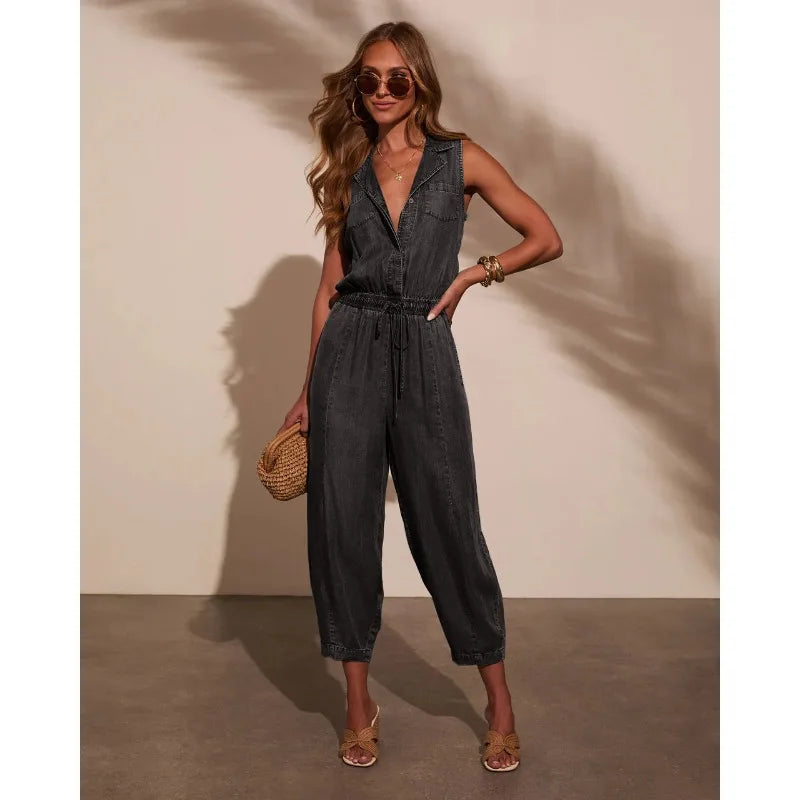 Women Jumpsuits Sleeveless Denim Pants One Piece Drawstring Pockets Rompers Solid Spliced Casual Button Jeans Overalls - Matrix Studios