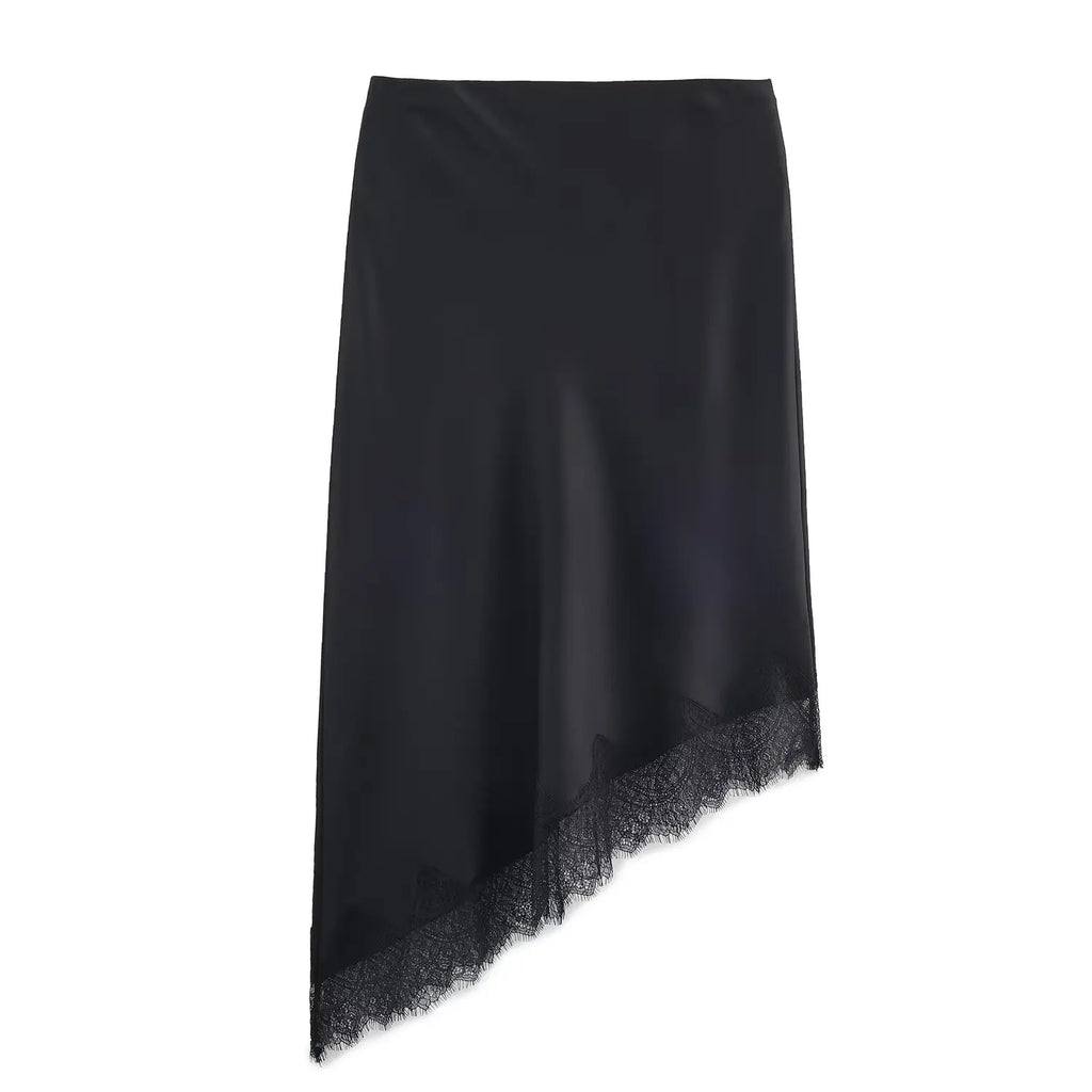 BSAY Lace Asymmetry Satin Texture Skirt Women Fashion Autumn Winter New Solid Chic Female High Waist Elegant Skirts Mujer - Matrix-studios.com