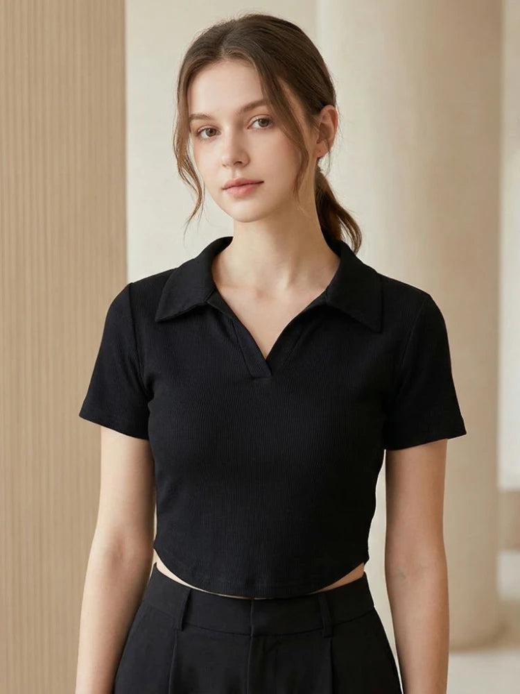 Zjaiss 2026 Summer Solid Slim Fit Women T‑Shirt Fashion Casual Versatile Cotton Tee Trendy POLO Neck Short Sleeve Crop Top - Matrix-studios.com