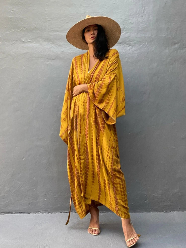 Bikini Cover Up Tie Dye Printed Women Long Beach Kimono Swimsuit Cape 2022 New Summer Beachwear Self Belted Bathing Suit - Matrix Studios