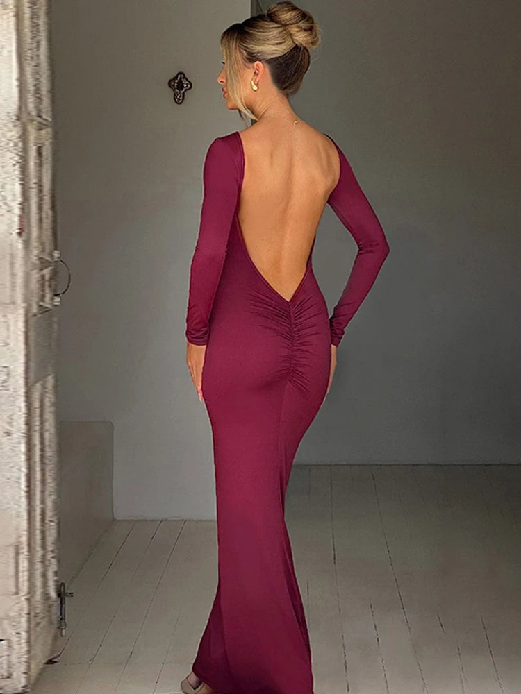 Hugcitar Spring Elegant Long Sleeve Backless Solid Cuched Sexy Bodycon Maxi Prom Dress Women Outfit Evening Party Festival Y2K - Matrix-studios.com
