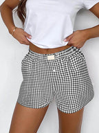 Shorts for Women Teen-girls Elastic Waistband Pull-on Red Blue Plaid Shorts Outfit Casual Lounge Summer Shorts - Matrix Studios