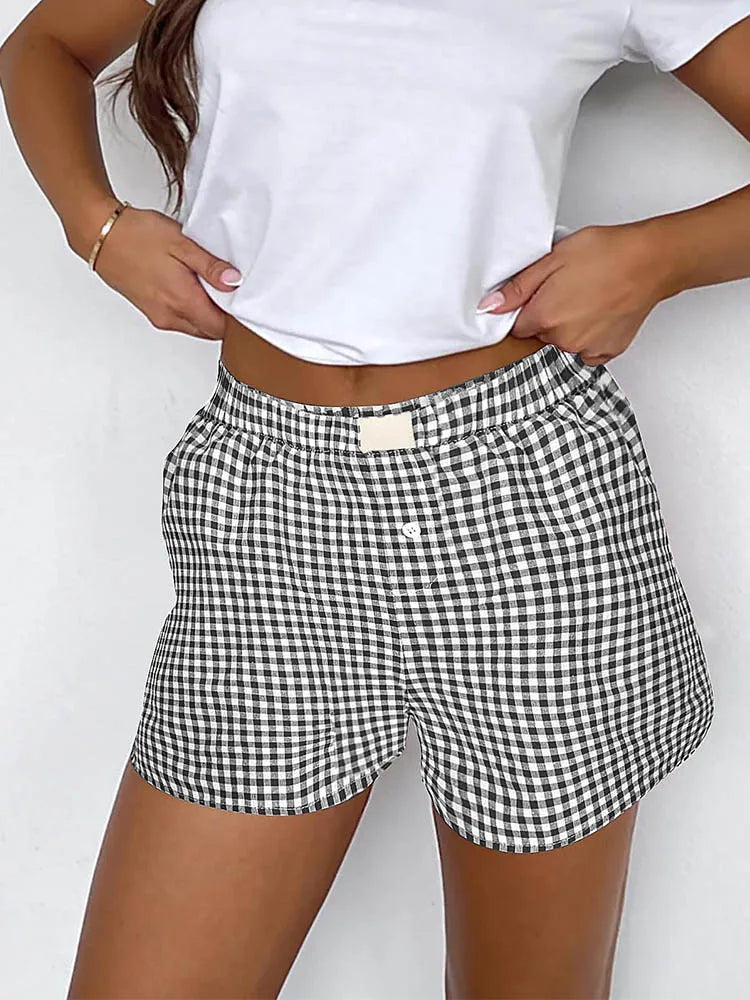 Shorts for Women Teen-girls Elastic Waistband Pull-on Red Blue Plaid Shorts Outfit Casual Lounge Summer Shorts - Matrix Studios