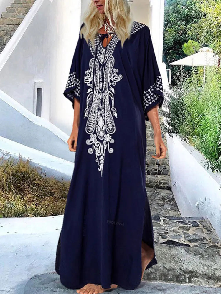 2026 Indie Folk Embroidered Short Sleeve Summer Dress Cotton Tunic Beach Kaftan Women Beachwear Swimsuit Cover Up Robe de plage - Matrix Studios