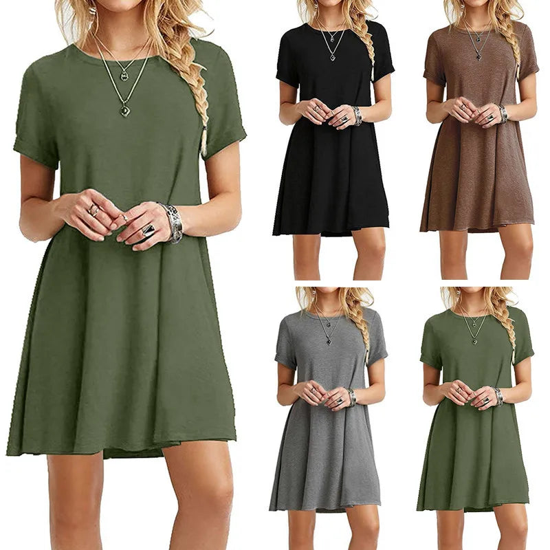 Women Casual Short Sleeve T Shirt Dress Vintage O Neck Print Loose Mini Dress Elegant Simple Mini Dress Streetwear Sundress - Matrix-studios.com