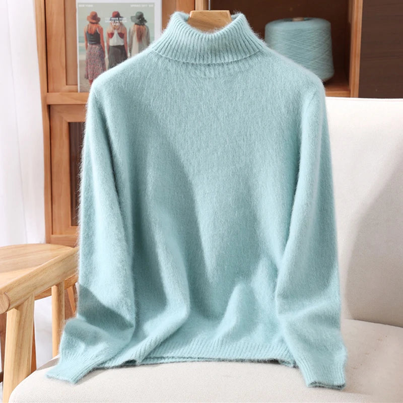 Autumn And Winter New 100% Mink Cashmere Sweater Ladies' High Lapel Solid Color Padded Pullover Wool Knitted Bottoming Shirt - Matrix Studios