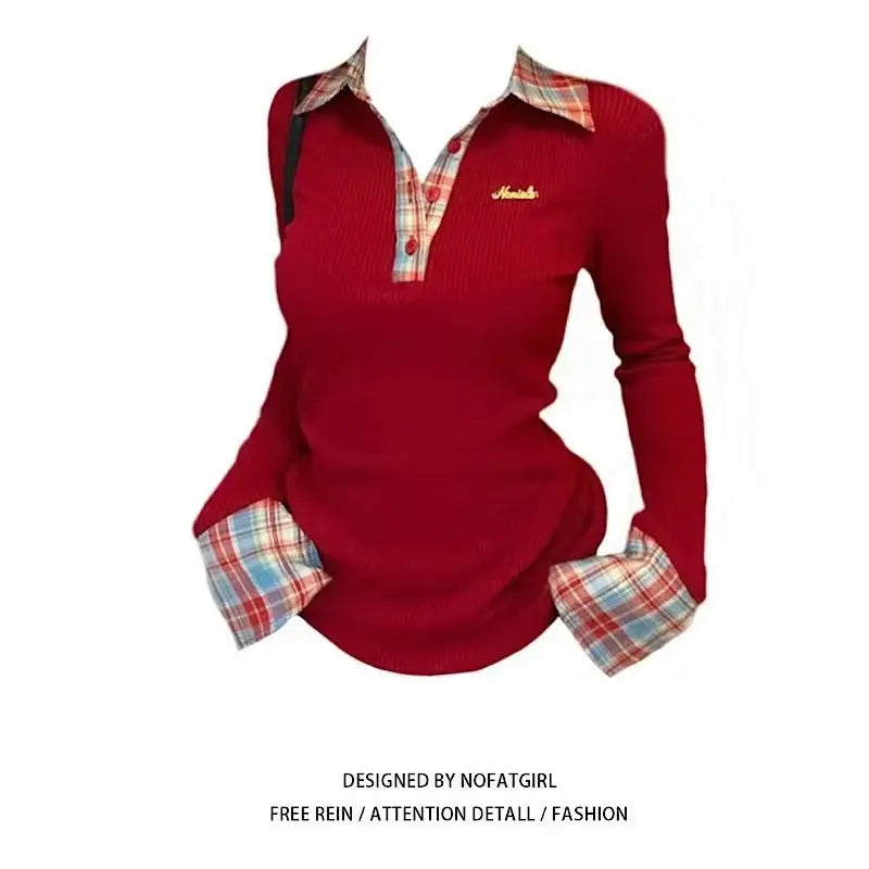 American POLO Collar Checkered Long-sleeved T-shirt Women Spring Fall New Slim Fit Embroidered Elegant Fake Two-piece Top - Matrix-studios.com