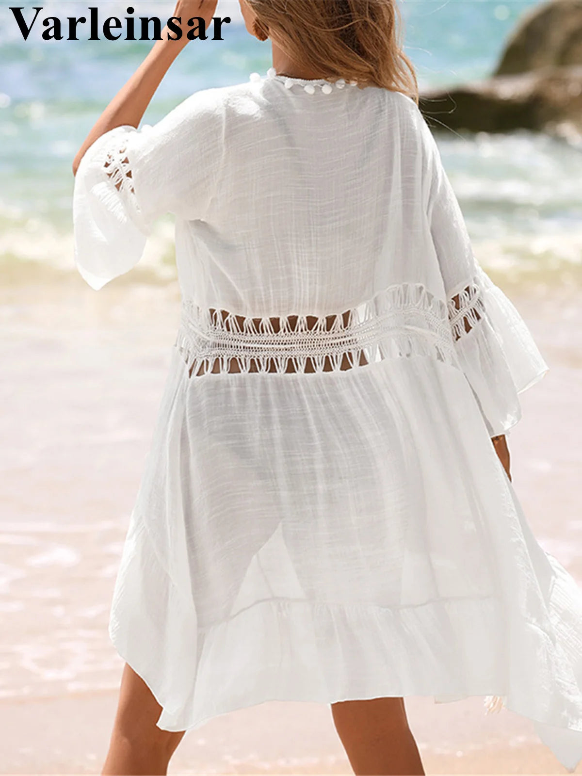 V Neck Half Sleeve Splicing Crochet Knitted Tunic Beach Cover Up Cover-ups Beach Dress Beach Wear Beachwear Female Women V7660 - Matrix Studios