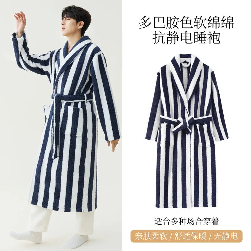 2025 New Autumn/Winter Women's Sleepwear Thick Velvet Warm Robe Couple Coral Velvet Striped Lengthed Home Clothes Bathrobe - Matrix-studios.com