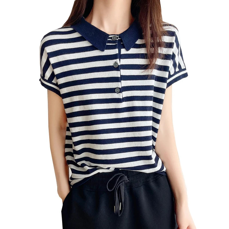 100% pure cotton short sleeved T-shirt women's summer Korean version new polo collar striped knitted sweater loose top - Matrix-studios.com