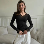 Tornova V neck Lace T shirt Top Women Sexy Navel Exposed Pullover Fashion Splice Hot Girl Club Party Top Autumn New Lady T shirt - Matrix-studios.com
