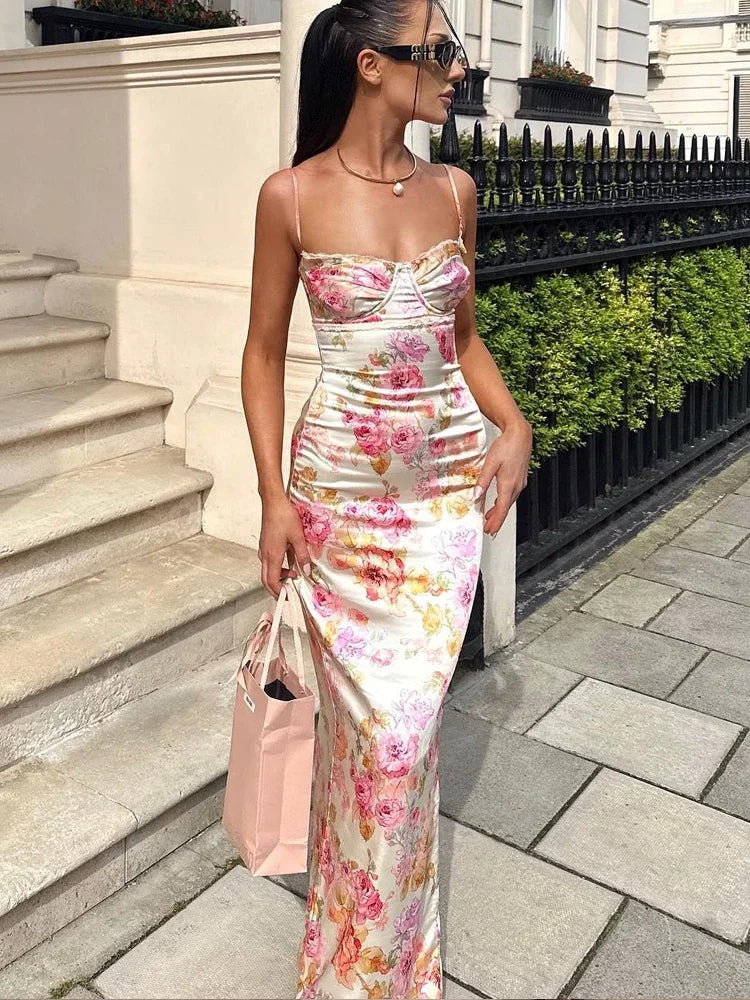 Suninheart Summer Spaghetti Strap Floral Print Party Dresses Elegant Maxi Bodycon Wedding Guest Holiday Dress New In Dress 2023 - Matrix-studios.com