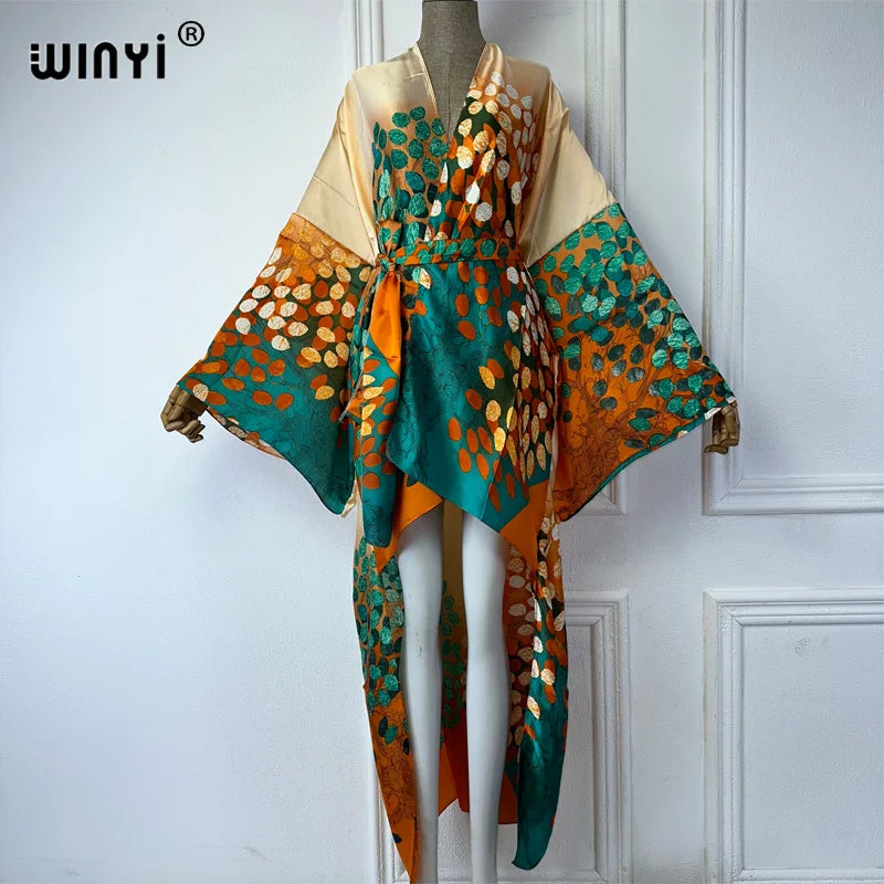 WINYI Summer Beach Wear Cover Up Lady Boho Cardigan Printing Elegant Silky and Skin-Friendly Sexy Holiday Kimono Maxi Dress - Matrix Studios