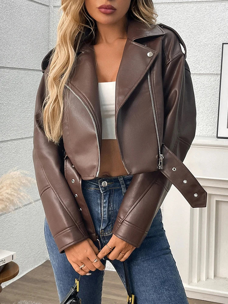 Ailegogo Spring Autumn Women Faux Pu Leather Short Jacket with Belt Motorcycle Biker Female Zipper Lapel Loose Coat Outwear - Matrix Studios