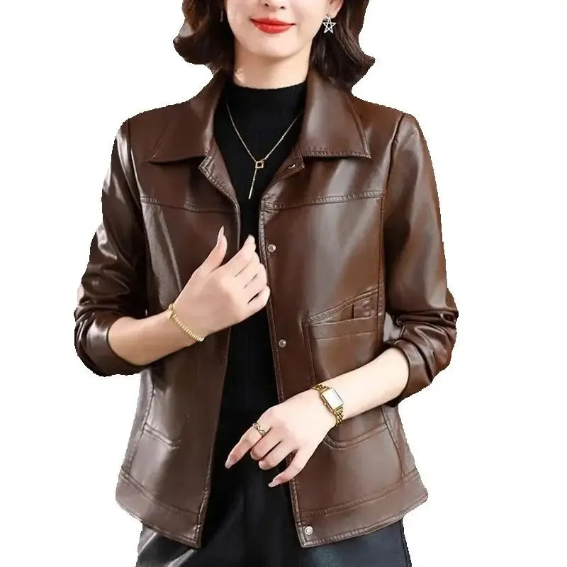 PU Leather Coat Short Female Young Style Autumn Winter New Western-Style Leather Casual Jacket Thicken Versatile Thin Fur Women - Matrix Studios