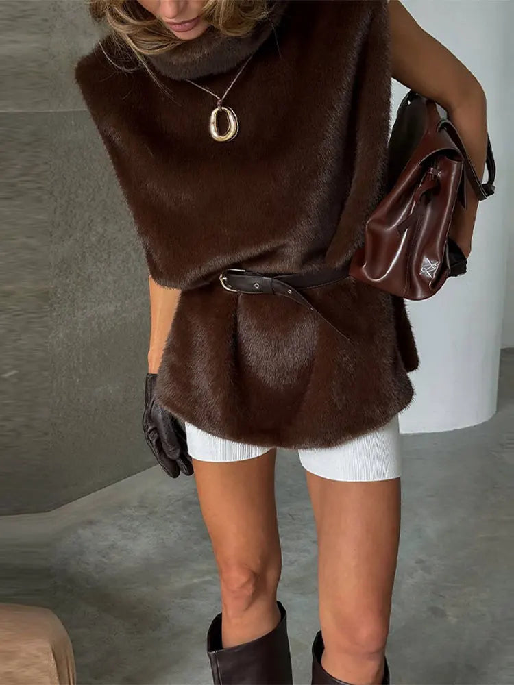 Faux Fur Vests Women Loose High Neck Hollow Out Sleeveless Belts Solid Crop Top Female 2025 Autumn Winter Chic Warm Tank Tops - Matrix Studios
