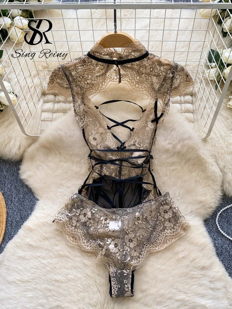 SINGREINY Lace Sheer Sexy Playsuits Female Hollow Out Mesh Cosplay Nightwear Floral Embroidery Slim Bodysuits - Matrix Studios