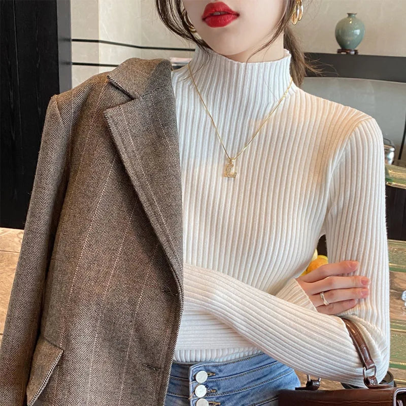 Winter Long Sleeve Mock Neck Knitted Women Sweater Pullover Slim Knit Sweater Women Tops Blusas Mujer De Moda 2024 Blusa J995 - Matrix Studios