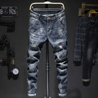 American Elastic Straight Jeans Men Ripped Worn-out Slim-fit Cotton Denim Pants Korean Style Fashion Blue Black Men's Clothing - Matrix Studios
