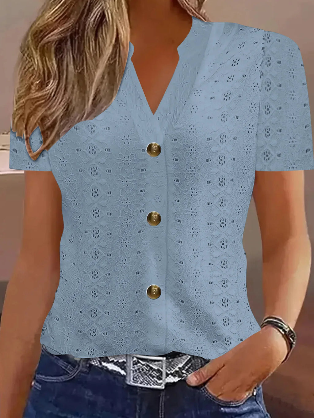Y2k Tops Women's Summer Blouse Casual V-Neck Button Short Sleeve Tops Elegant Fashion Blouses Casual Loose Solid Colors Shirts - Matrix-studios.com