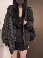 2000S American Vintage Striped Loose Long Sleeve Hooded Sweatshirt Y2k Subculture Casual Zip Up Hooded Cardigan Harajuku Coats - Matrix Studios