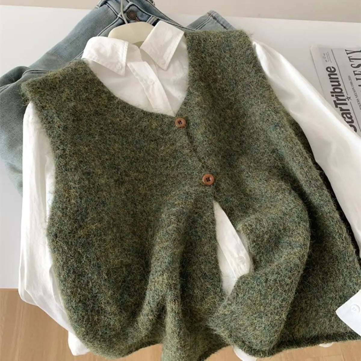 Retro Two-button New Knitted Vest for Women in Spring and Autumn Sleeveless Slit Sweater Vest - Matrix Studios