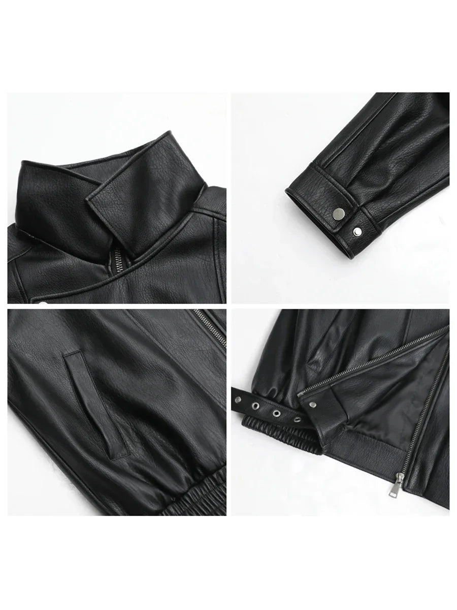 CHIC VEN Woman PU Jacket Solid Loose New Retro Standing Collar Motorcycle Faux Leather Coat Female Top Spring Autumn 2026 - Matrix Studios