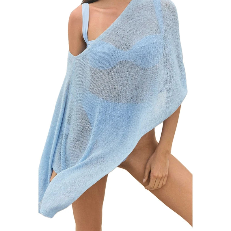 Combhasaki Women Knitwear Bikini Cover-up See-through Solid Off Shoulder Irregular Triangle Hem Loose Pullover Summer Beach Tops - Matrix Studios