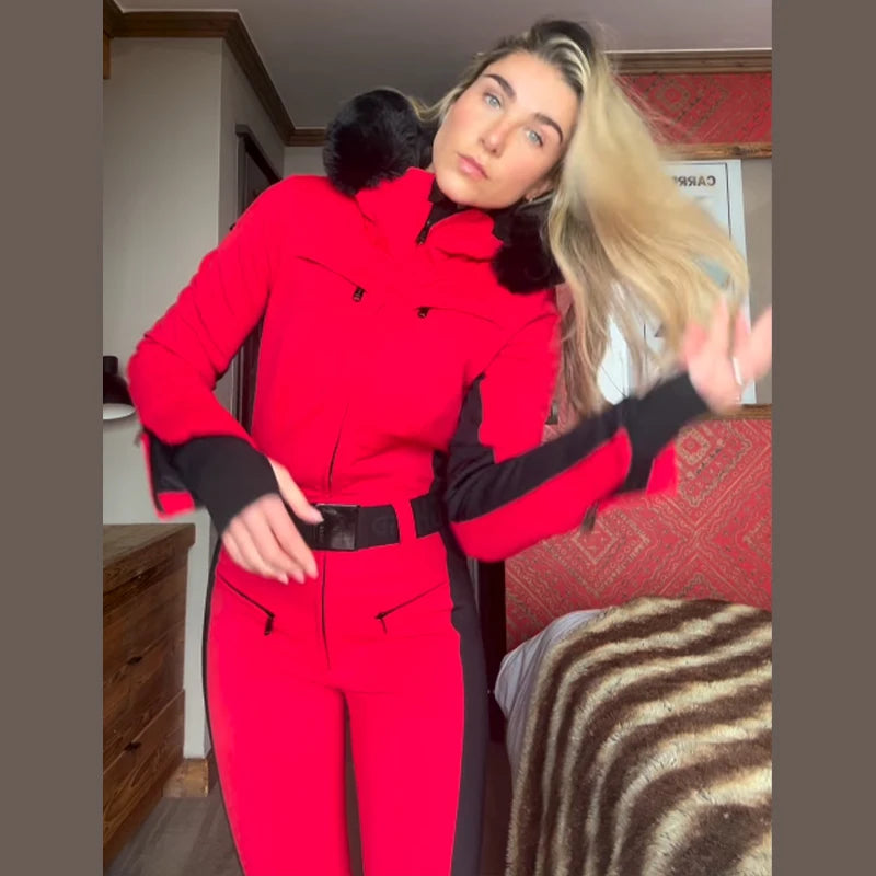 Fur-Trimmed Hooded Belted One-Piece Ski Suit Slim Windproof Water-Resistant Cuff 2025 Winter Fashion Women Fashion Snow Bodysuit - Matrix Studios