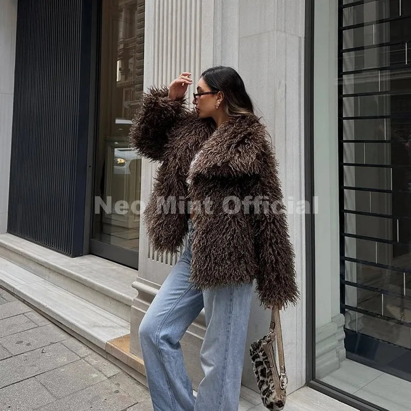 Neo Mint 2025 Winter Lulicore Fashion Brown Faux Fur Coat Women Chic Autumn Warm Fluffy Sheep Fur Jacket Big Fur Collar Overcoat - Matrix Studios