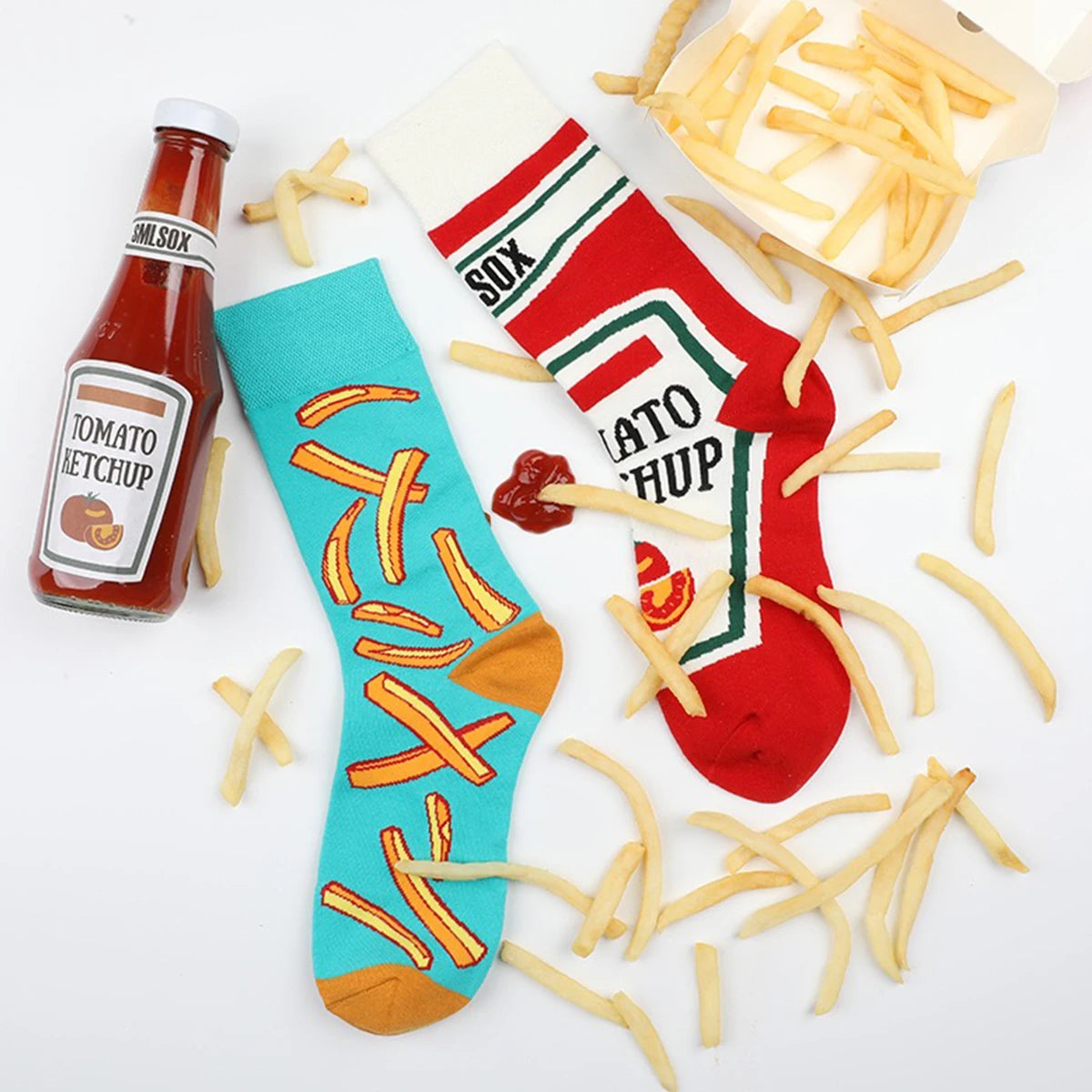 1 Pair Unisex Funny AB Style Tomato Ketchup French Fry Printed Mid-Calf Socks Suit In All Seasons - Matrix Studios
