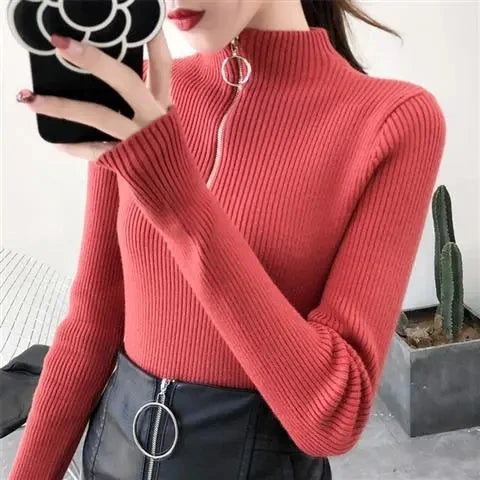 Knitted Women Zipper Half High Neck Sweater Pullovers Autumn Winter Basic Women Sweaters Slim Solid Knitwear Pull Femme Tops - Matrix-studios.com