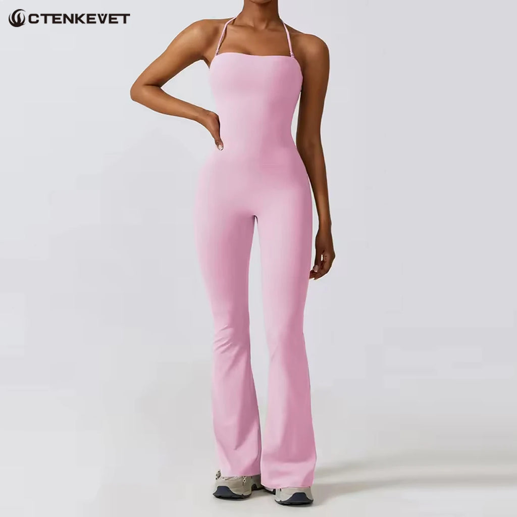 New Summer Women Sleeveless Yoga Jumpsuit Female Gym Flared Overalls Neck-hanging Backless Sportswear Sport Outfit For Woman - Matrix-studios.com