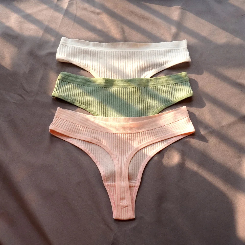 3 Pcs Seamless Ladies Ribbed Cotton Thong Simple Women's Low Waist Bikini Briefs Sports Girls Underwear Plus Size - Matrix Studios