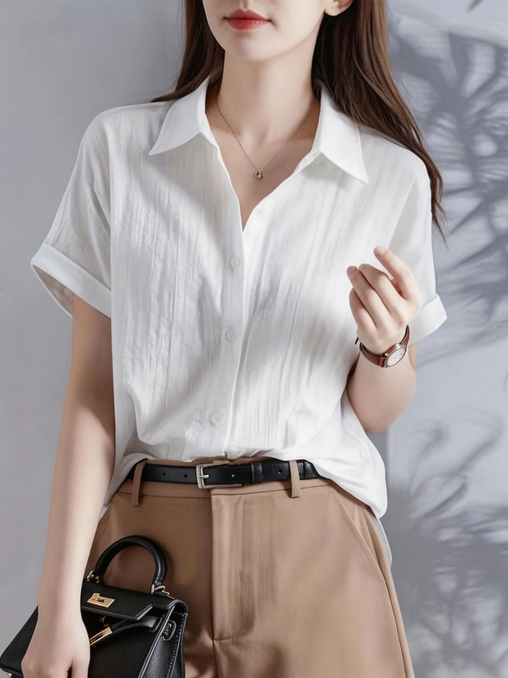Women's Casual White Blouse, Short Sleeve V-Neck Shirt, Business Office Workwear, Breathable Textured Blouse - Matrix-studios.com