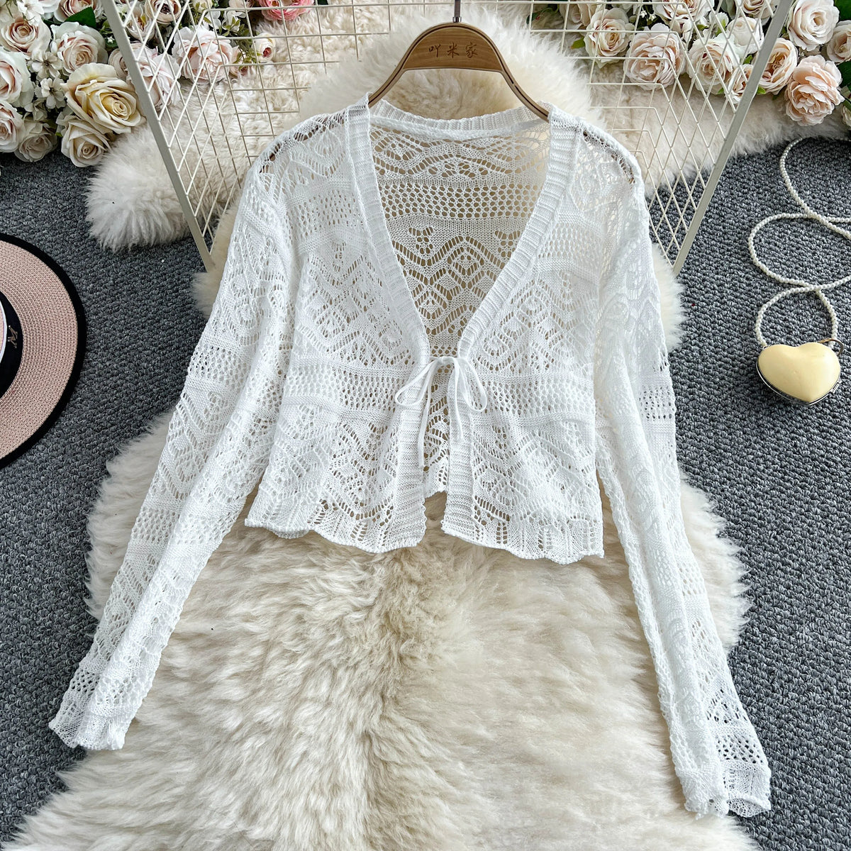 Women Tie Front Crop Cardigan Sheer Openwork Crochet Knit Top Lightweight Bolero Sweater Summer Fairycore Boho Chic Beach Outfit - Matrix Studios