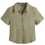 Summer New Polo Neck Button Short High Waist T-shirt Slim Fit Short Sleeve Solid Color Cotton Women's Top - Matrix-studios.com