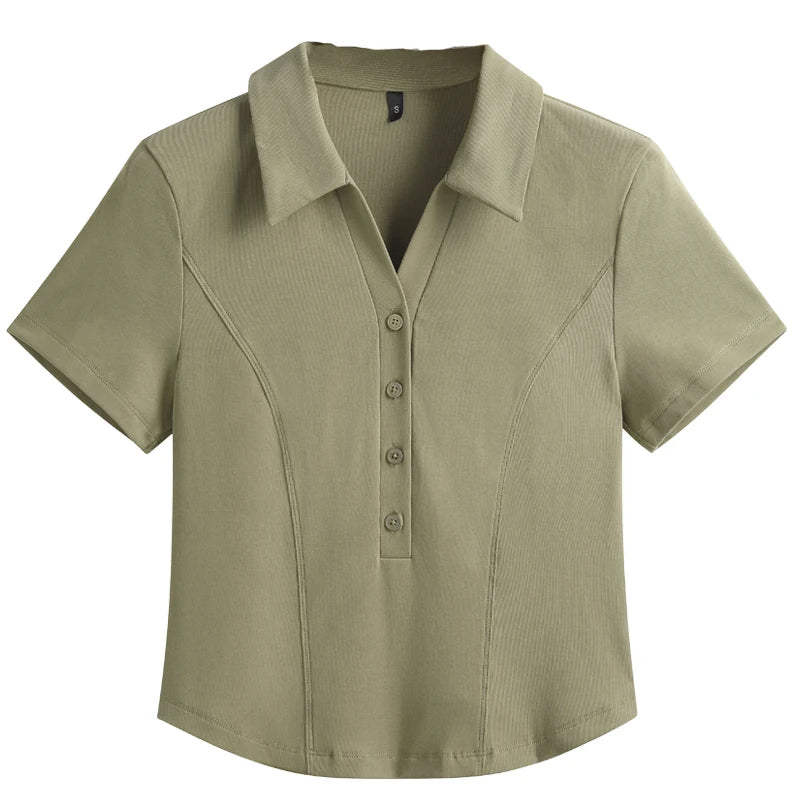 Summer New Polo Neck Button Short High Waist T-shirt Slim Fit Short Sleeve Solid Color Cotton Women's Top - Matrix-studios.com