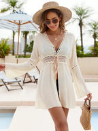 Swimsuits Beach Cover Up Long sleeve V-Neck White Pareo Beachwear Sun Protection Clothes Knitted Beachwear Lace Cover-Up Dress - Matrix Studios