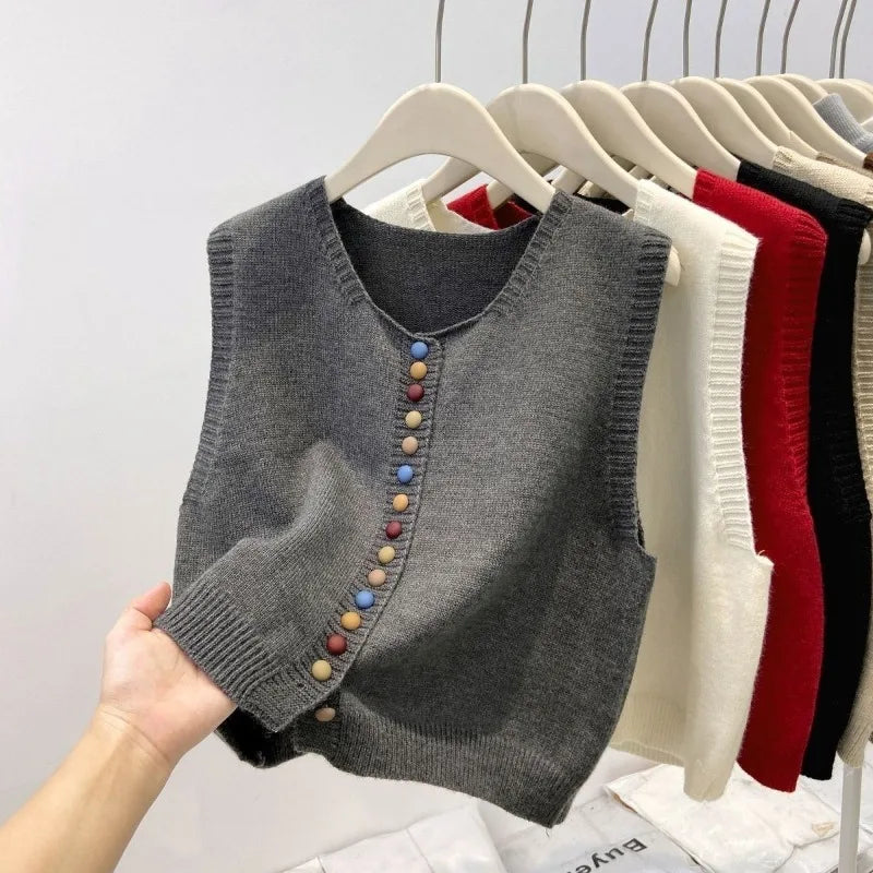 Sweater Vest Autumn Women Rainbow Single-breasted Button Soft Sweater Loose Knit Vest V-neck Knitwear Cardigan Lady Waistcoats - Matrix Studios