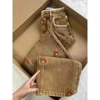Lace Teddy Bear Embroidered Patchwork Design Wide leg Jeans 2025 Spring New High Waisted fit Slimming Casual Jeans for Commuting