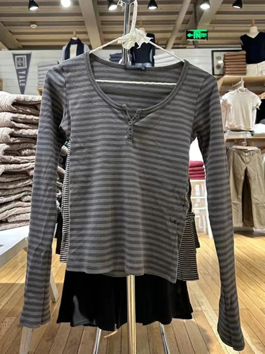 Pink Striped Slim Long Sleeve Tees Women Spring Casual Cotton O-neck Tshirt New Tops Clothes Sweet Cute  Vintage T-shirts Y2K - Matrix-studios.com