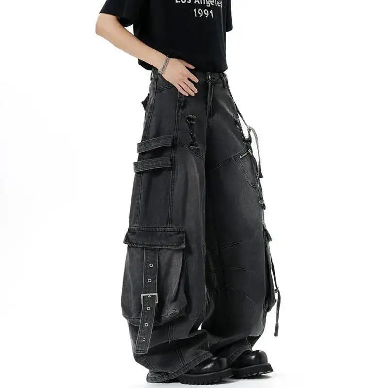 IEFB American Style Men's Jeans Solid Color Multi Pockets Casual Worn-out Trousers Deconstruction Wide Leg Denim Pants 9W4066 - Matrix Studios