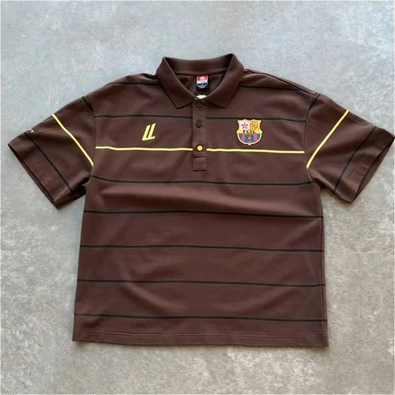 Y2k Retro Harajuku T Shirt Two Color Embroidered Logo Striped Patchwork Barca Polo Shirt Trendy Hiphop Men Women Oversized Tops - Matrix-studios.com