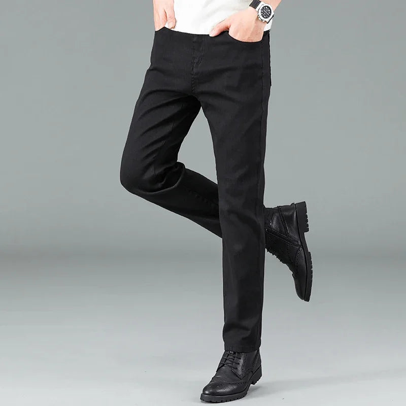 Men's Pure Black Slim Jeans Elastic Straight Pants Business Fashion Leisure Korean Vintage Skinny Small Feet Denim Pants Male - Matrix Studios
