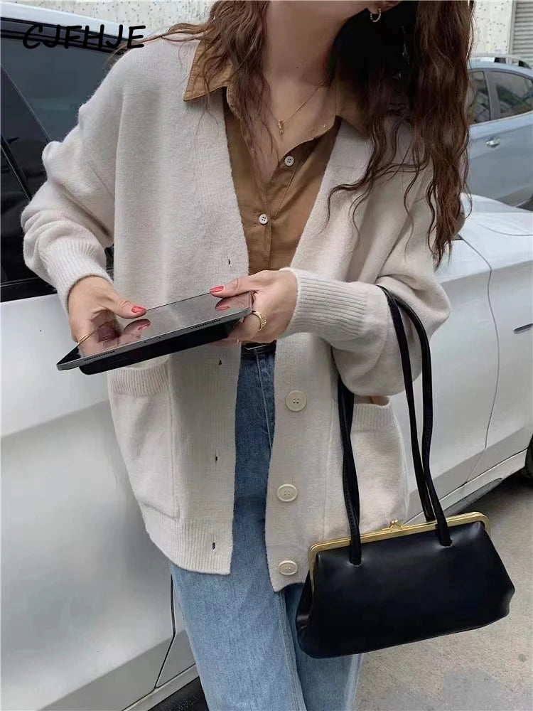 CJFHJE Beige Pockets Knitted Sweater Coats Women Loose Single-breasted V-neck Purple Cardigan Female Autumn Casual Red Cardigans - Matrix Studios