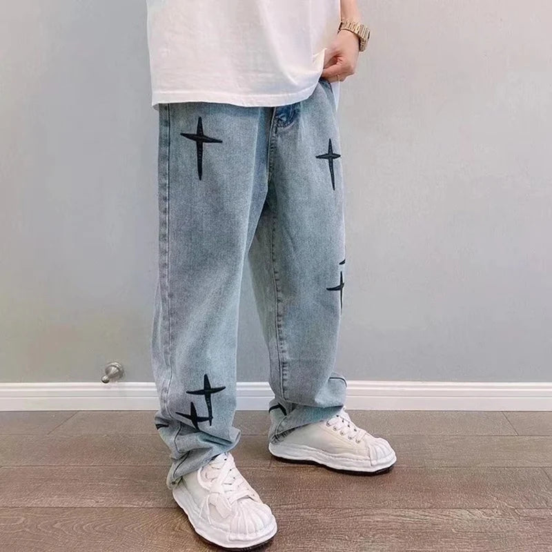 Boyfriend Vintage Fashion Straight Casual Loose Denim Cargo Pants Men Designer Prints Star Jeans Streetwear Loose Wide Leg Jeans - Matrix Studios