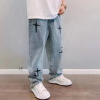 Boyfriend Vintage Fashion Straight Casual Loose Denim Cargo Pants Men Designer Prints Star Jeans Streetwear Loose Wide Leg Jeans - Matrix Studios